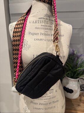 Ah-Dorned Black Quilted Crossbody Bag with Patterned Straps pre owned